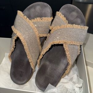 Brunello Cucinelli Gray and Tan Fringe Sandals